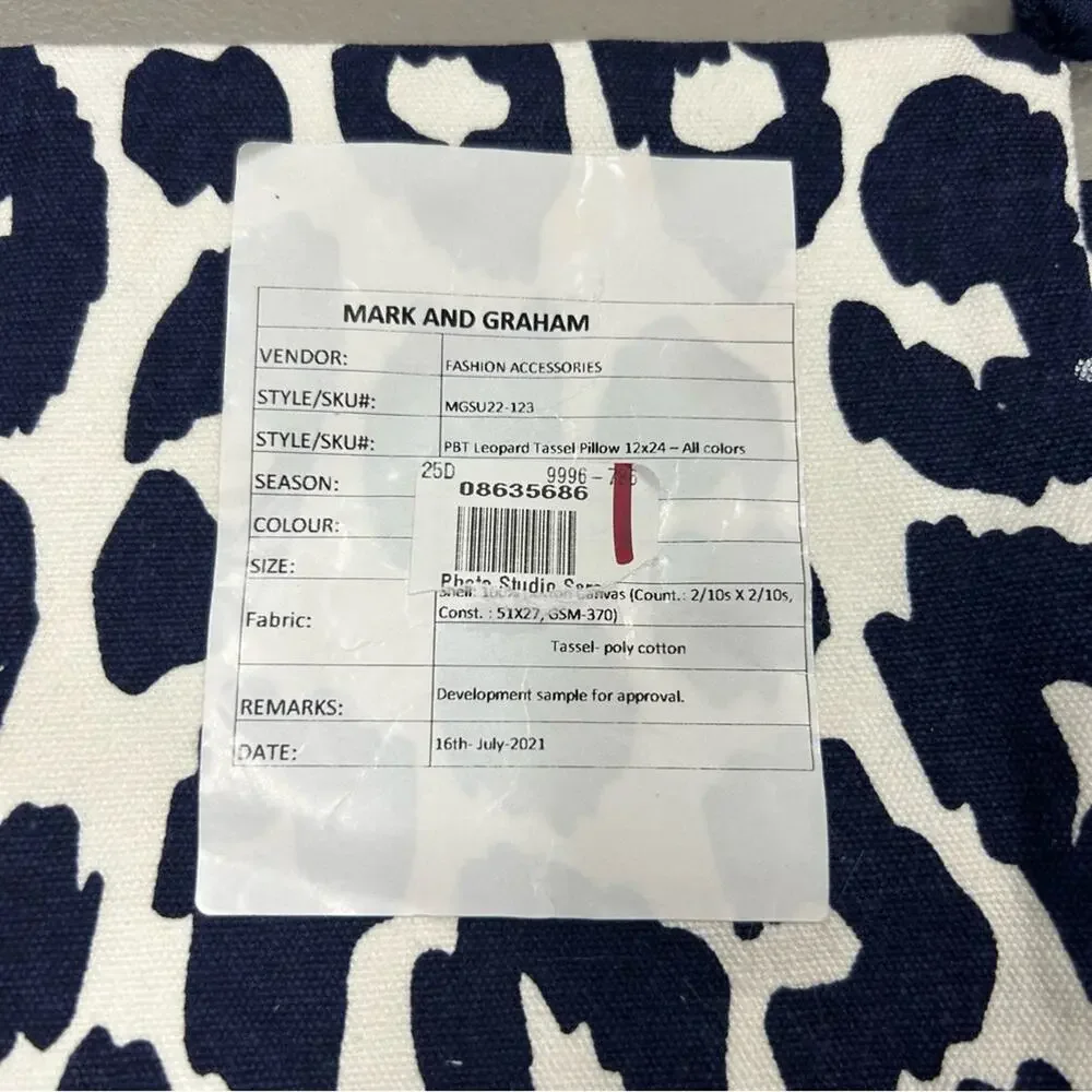 Pottery Barn Mark & Graham Leopard Animal Print Blue Tassel Pillow Cover 12 x 24